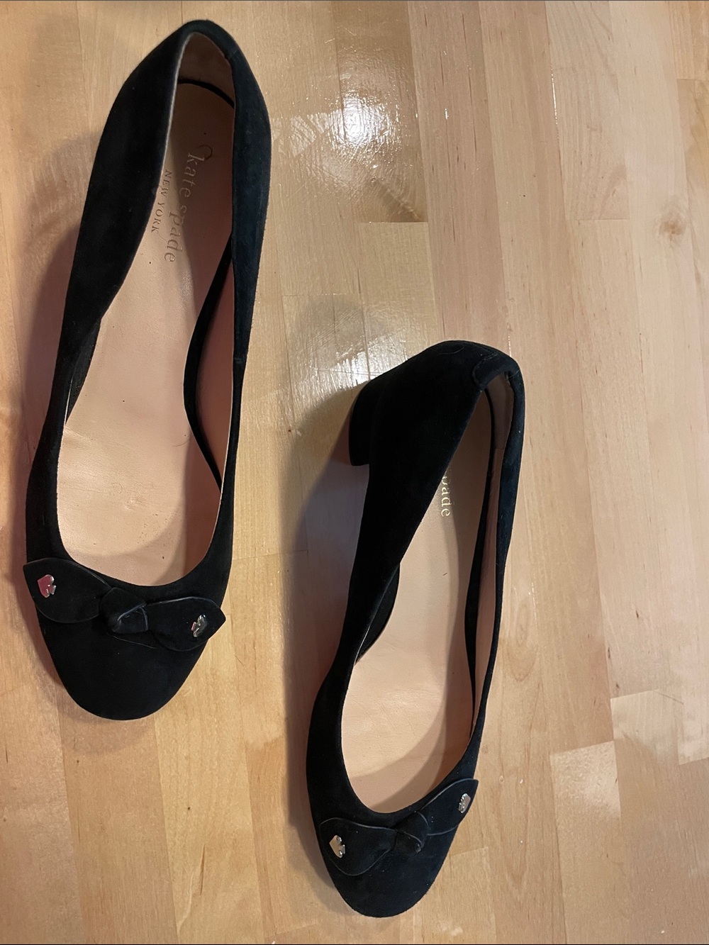 kate spade Black Suede Bow Block Heel Pumps with Accent Hardware